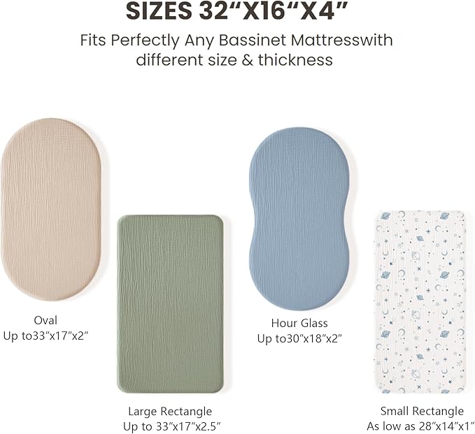 Konssy 2 Pack Muslin Bassinet Sheets for Boys, Girls, 100% Cotton Soft Breathable Fitted Bassinet Mattress Sheet, 32 x 16 inches (Fog Green,Cream)