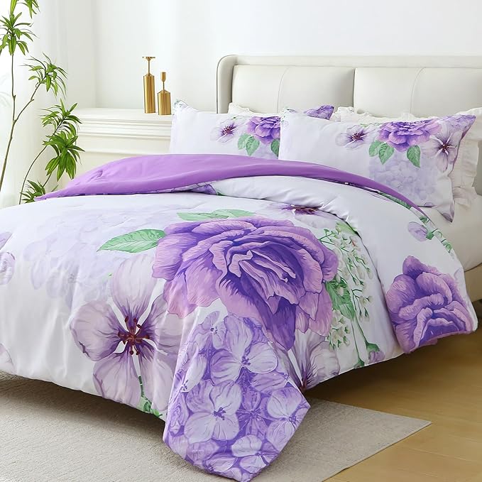 Floral Comforter Set Queen Size, 3 Pieces Elegant Purple Floral Bed in a Bag, Soft Microfiber Botanical Flower Bedding Set with 2 Pillowcases for All Season 90"×90"