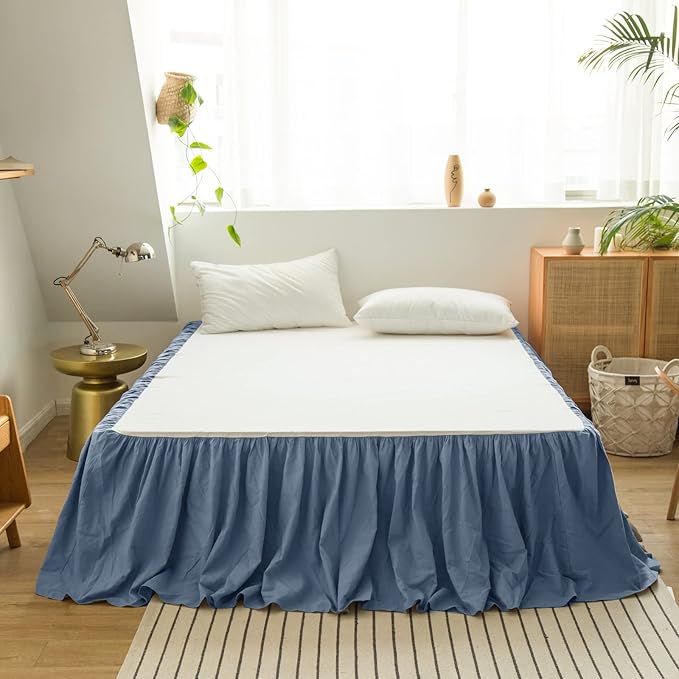 BISELINA French Linen Bed Skirt with Pleated Frills 14-Inch Tailored Drop Natural Flax Cotton Blend Dust Ruffle Soft Cozy Farmhouse Bedding (14" King, Navy Blue)