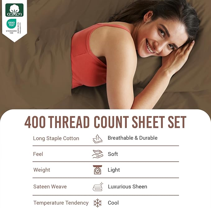 Pizuna Pure 100% Cotton Sheet Set Twin, Luxurious 400 Thread Count Long Staple Cotton Sateen Sheets Twin with 15" Deep Pocket (Woody Brown)