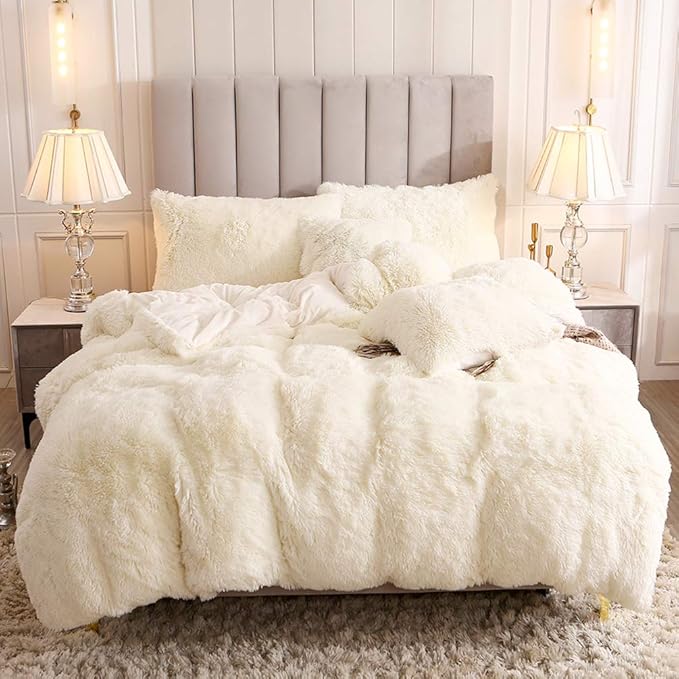 Uhamho Faux Fur Velvet Fluffy Bedding Duvet Cover Set Down Comforter Quilt Cover with Pillow Sham, Ultra Soft Warm (Twin, Cream)