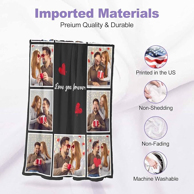 Blanket with Pictures Customized, 10 Photos Personalized Blankets Custom Blanket Personalized Picture Blankets for Couple Birthday Gifts for Wife Husband, 8 Sizes