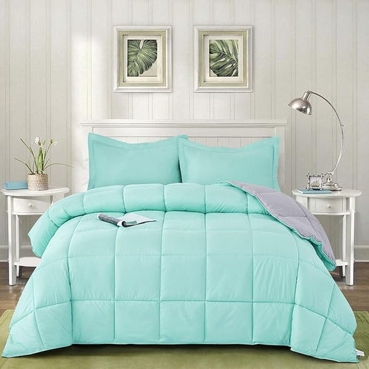 HIG Reversible Lightweight Comforter - All Season Down Alternative Summer Duvet Insert Blue Quilted Bedding Comforters with Corner Tabs Full/Queen Size Aqua Blue/Light Grey