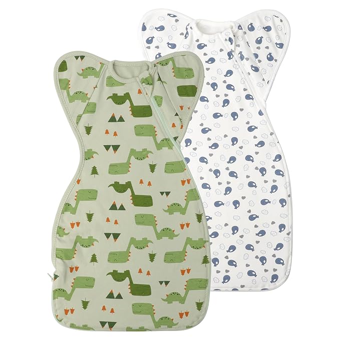 Premium Soft Cotton Swaddle Blanket Sleep Sack Arms Up 2 Packs 6-12 Months, Hands Up 3-Way Transitions to Arms-Free Wearable Sleeping Sack Bag for Babies Boys Girls Snug Fit Calms Startle Reflex