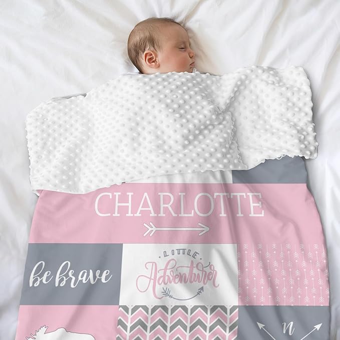 Custom Micro Fleece Baby Blanket for Girls with Double Layer and Soothing Raised Dots, Breathable and Soft Lightweight Receiving Blanket for Newborns, 35x45 Inches, Woodland Bear, Baby Pink