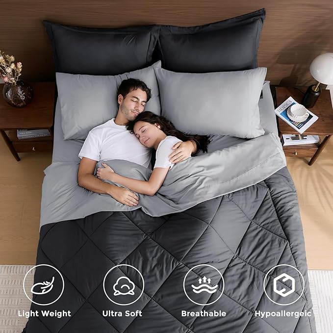 HEVUMYI Queen Comforter Set - 7-Piece All Season Bed in a Bag Queen, Ultra Soft Bedding Set with Comforter, Flat Sheet, Fitted Sheet, Pillowcases, Pillow Shams, Dark Grey & Light Grey