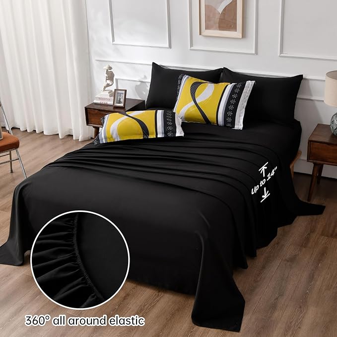 Anibedding Yellow Black Comforter Set Queen Size,8 Pieces Bed in a Bag Patchwork Striped Bedding Sets,Boho Soft Microfiber Bedding Set for All Season(90"×90")