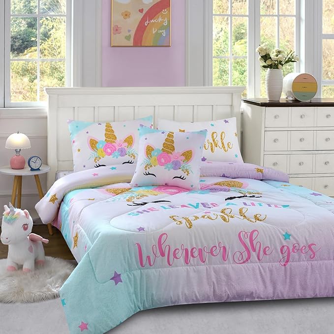 Cokouchyi Twin Size Comforter Set for Girls, 6-Piece Bed in a Bag, 3D Colorful Unicorn Bedding Comforter Sheet Set, Ultra Soft and Fluffy, Pink & Rainbow Color