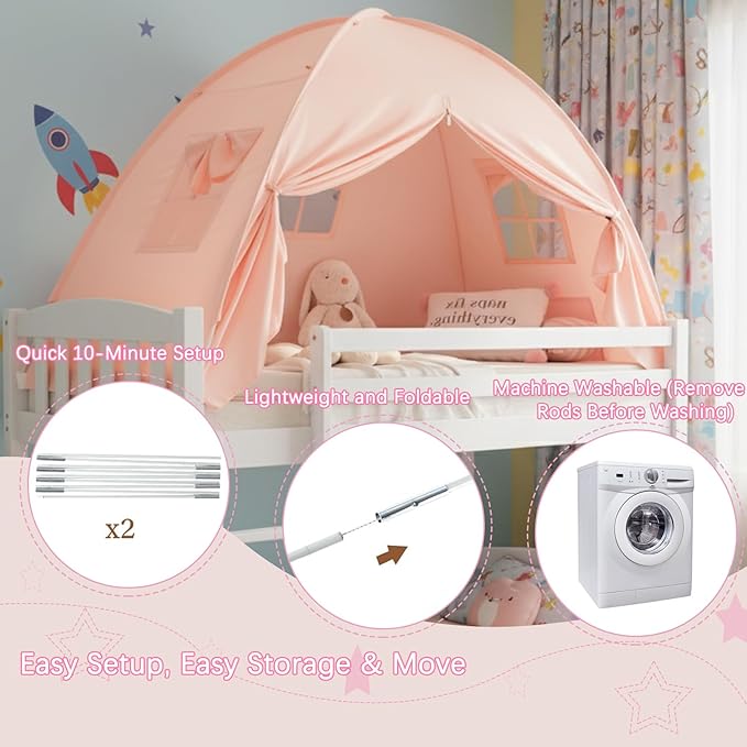 Akiky Bed Tent Bed Canopy Twin Size with Bottom,Kids Tent with Lights Portable Foldable Bunk Bed Curtains for Girls Boys (Pink, Twin)