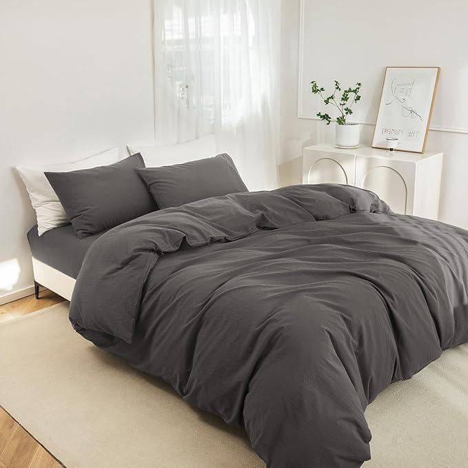 JIYUAN 100% Washed Cotton Duvet Cover Set 3 Pieces King, 1 Duvet Cover 104x90 Inches(Comforter Not Included) and 2 Pillowcases,Linen Feel Bedding Set Comfy and Breathable,Solid Dark Grey