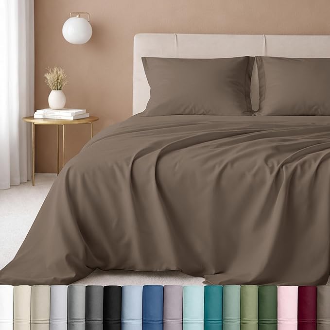 California Design Den Twin XL Sheet Set, 600 Thread Count Sateen, 100% Cotton Deep Pocket Sheets, Soft, Cooling Brown Sheet Set, Hotel-Quality Bedding (Mushroom - Taupe Brown)