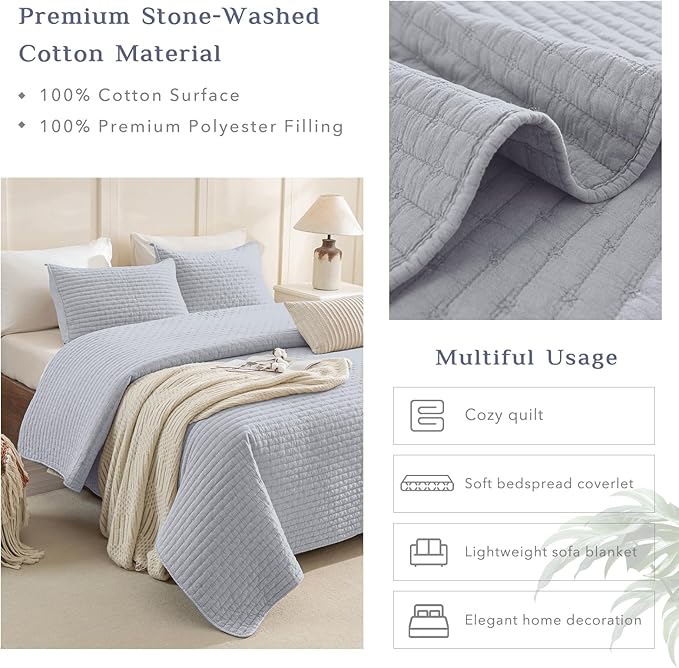 CozyTide Oversized King Bedspread 128"x120",Stone-Washed Cotton Light Blue Oversized King Quilt Bedding Set,Soft Lightweight Extra Large Farmhouse Boho Bedspread & Coverlet Sets 3 Pieces