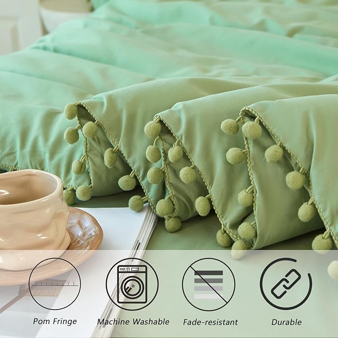 PERFEMET Green Bedding Set Full Size 5 Pieces Boho Pom Pom Fringe Bed in A Bag for Girls Kids Soft Lightweight All Season Solid Comforter Set for Bedroom(Green, Full)
