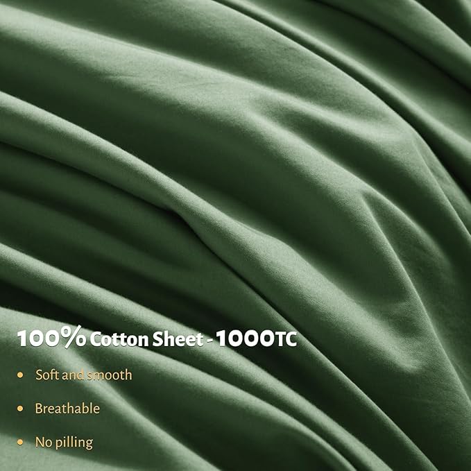 Shilucheng 100% Egyptian Cotton King Size Sheets Set - 1000 Thread Count，Luxury Cotton Bed Sheets，Breathable & Cooling Bedding and Pillow Cases, 16 Inch Deep Pocket - 4 Piece(Olive Green,King)