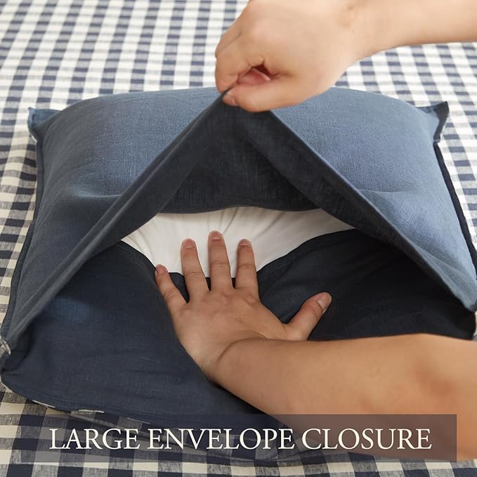 DAPU Linen Duvet Cover King,Yarn Dyed Gingham Check Plaid 100% Washed Linen Bedding with Envelope Closure,3 PCs Soft Linen Duvet Cover Set, Geometric Checkered Pattern in Navy Blue & White,King Size
