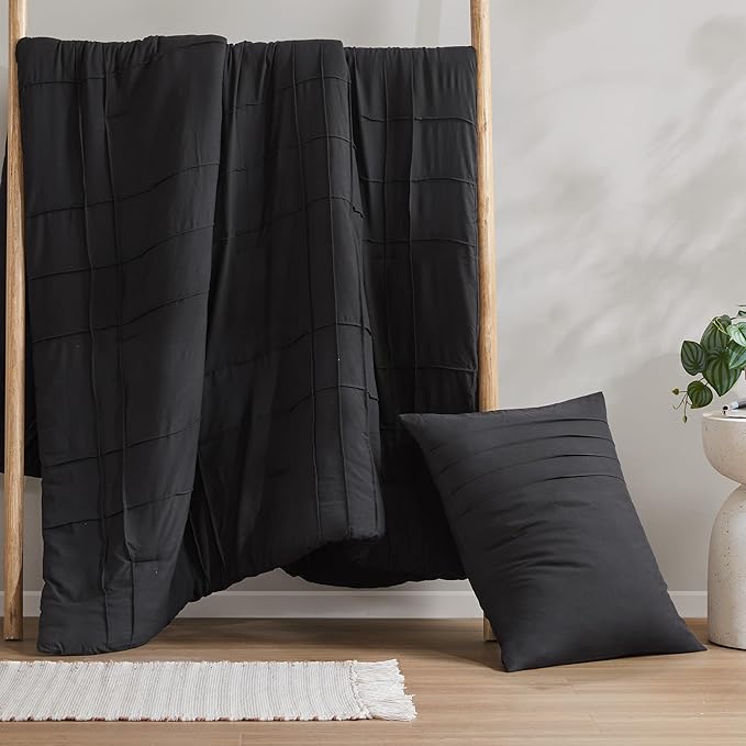 Comfort Spaces Black Twin Size Duvet Cover Set - 2 Pieces Pintuck Pleated Duvet Cover All Season Lightweight, Extra Softness Pre-Washed Microfiber Twin Bedding Cover Shams, Twin/Twin XL