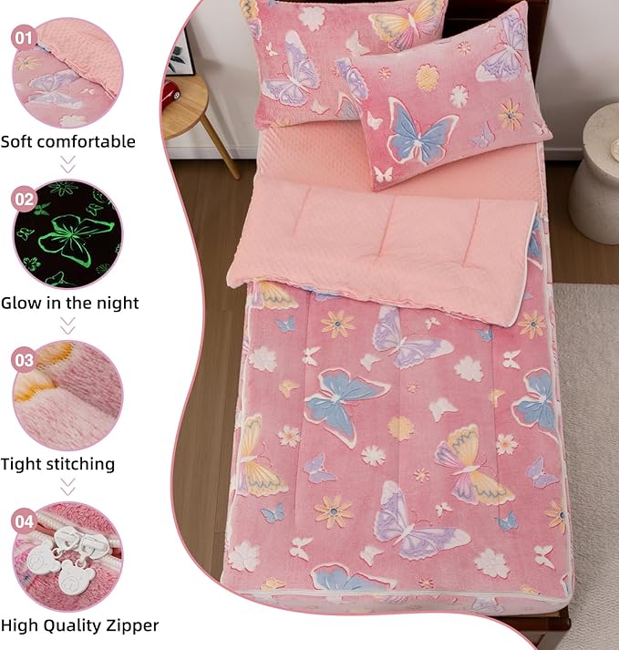 A Nice Night Colorful Butterfy Plush Zippered Comforter Set,Zipper Bedding Glow in The Dark for Child, Twin