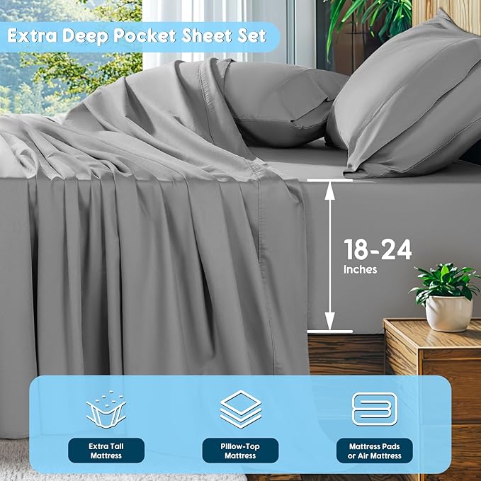 SONORO KATE 100% Egyptian Cotton Sheets Set, Extra Deep Pocket up to 18"-24",1000 High Thread Count, Soft & Breathable 5-Star Hotel Sateen Bed Sheets - 4 PC (Grey,King)