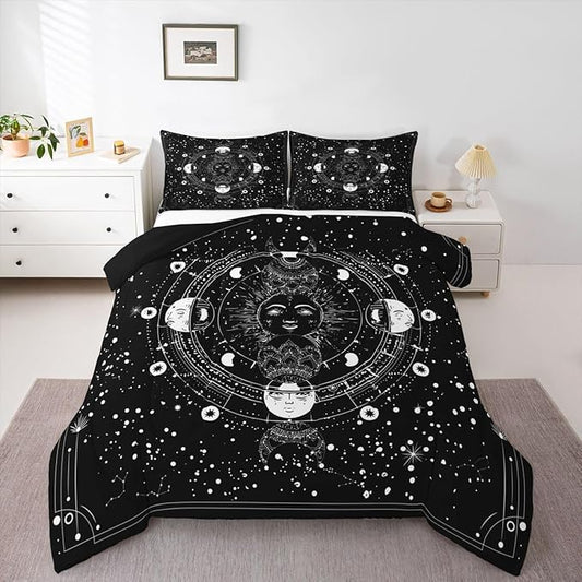 Sun and Moon Comforter Twin Size Black and White Psychedelic Constellation Comforter Set Boho Exotic Mandala Bedding Set Galaxy Astrology Space Duvet Set Soft Chic Mystic Star Room Decor Quilt Set