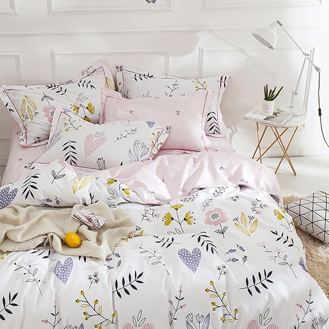 HighBuy Girls Duvet Cover Twin Floral Aesthetic Bedding Set White Pink Premium Cotton Teens Flower Kids Coquette Bedding Set Comforter Cover Soft Branches Boho Bedding Collection Pink