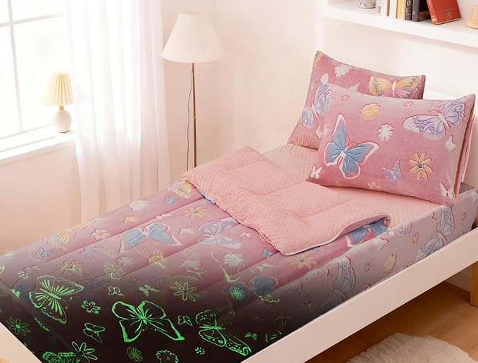 A Nice Night Colorful Butterfy Plush Zippered Comforter Set,Zipper Bedding Glow in The Dark for Child, Twin