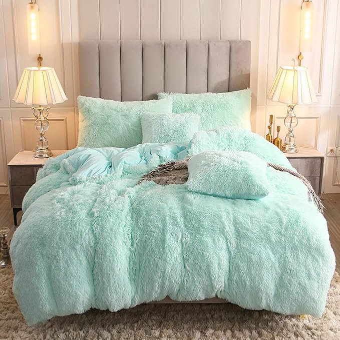 Uhamho Faux Fur Velvet Fluffy Bedding Duvet Cover Set Down Comforter Quilt Cover with Pillow Sham, Ultra Soft Warm (Twin, Aqua)