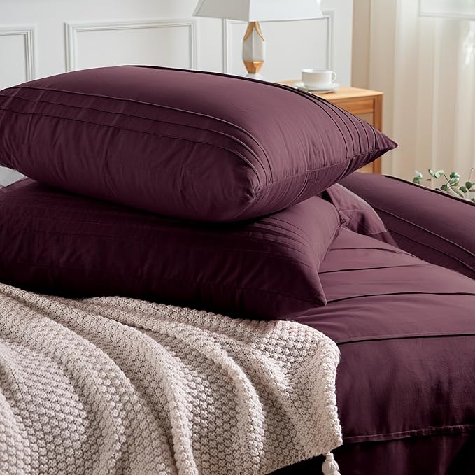 NEXHOME PRO 100% Organic Cotton Duvet Cover Super King Size, Linen Like Pleated Textured Burgundy Bedding Set, 3pc Bedding Set with Zipper Closure, Soft,108"x98", No Comforter
