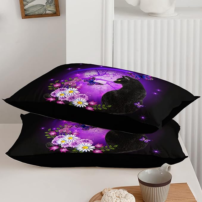 Black Cat Bedding Cartoon Cat Comforter Set Full,Daisy Butterflies Printed Kids Bedding Set for Kids Boys Girls Adults Room Decor,Kids Comforter Set All Season,1 Quilt 2 Pillow Cases