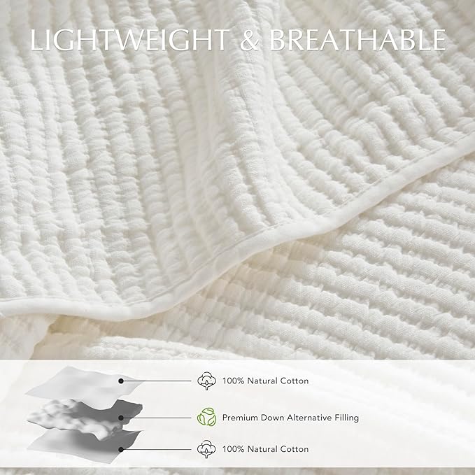 EVERGRACEHOME Cotton Coverlet Set Full Queen Size 3 Pieces, Lightweight Soft Ribbed Matelassé Bedspread Quilt Set, Cozy Oversized Quilted Bedding Set with 2 Pillow Shams for All Seasons, Ivory White