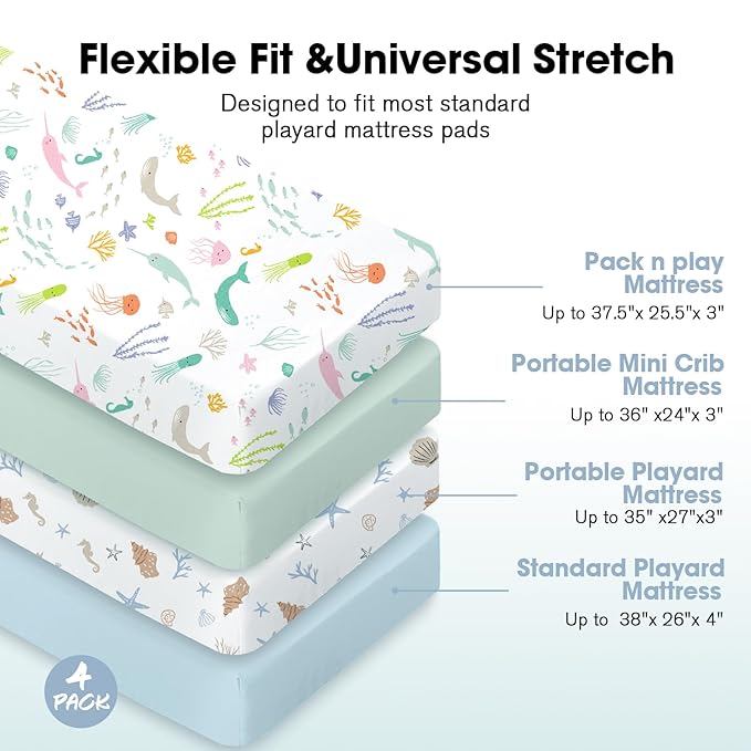 Bimocosy Pack and Play Sheets Fitted 4 Pack, 38 x 26 Inch Pack n Play Mini Crib Sheets for Boys and Girls, Soft Stretchy Playard Mattress Sheets for Graco Pack n Play, Ocean Friends