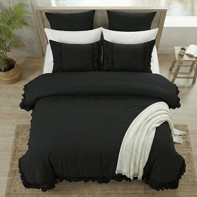 Bedorm Black Duvet Cover Twin Pleated Ruffled Bedding Set Shabby Chic Lace Ruffle Fringe French Country Room Decor Super Soft Cozy Black Boho Duvet Cover Sets