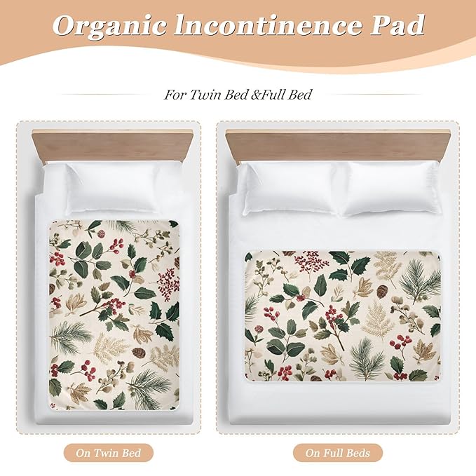 Waterproof Bed Pad Reusable Changing Pad Toddler Mattress Protector Large Pee Pad Baby Diaper Pad Soft Washable Liner Beige Holly Leaves Pine Needles Pinecones