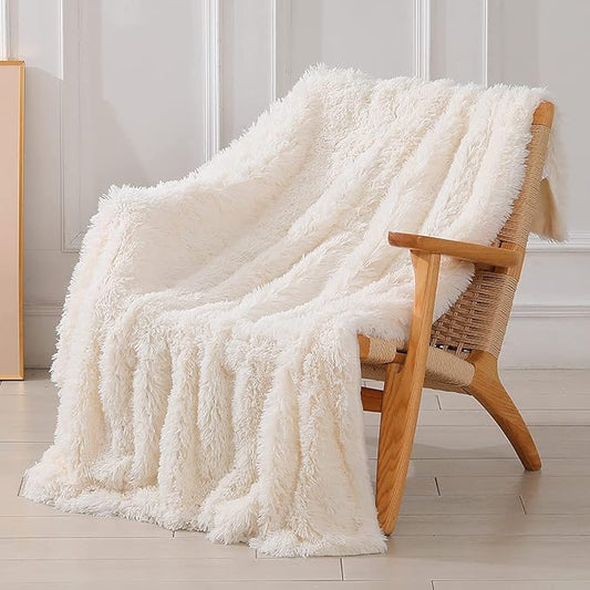 Tuddrom Decorative Extra Soft Faux Fur Blanket Twin Size 70" x 78",Solid Reversible Fuzzy Fluffy Cozy Plush Blanket for Couch Sofa Bed,Cream White