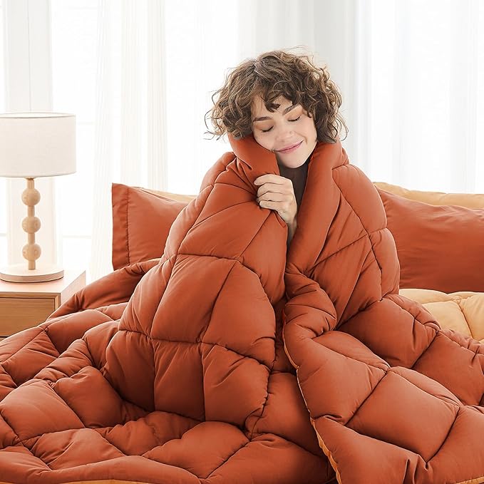 MUXHOMO 7 Pieces California King Comforter Set, Reversible Bed in a Bag Cal King Size, All Season Bedding Set with Comforter, Flat Sheet, Fitted Sheet, Pillowcases & Shams, Burnt Orange & Camel