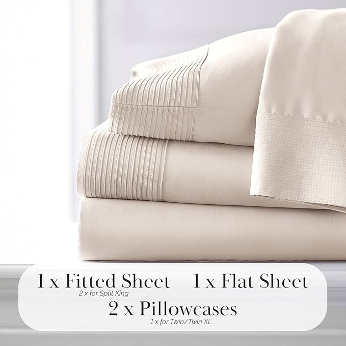 Southshore Fine Living, Inc. 4-Piece King Size Sheets Set, Deep Pocket Bed Sheets, King Size Set with Extra Deep King Size Fitted Sheet, Pleated Flat Sheet and 2 Pillow Cases, Bone Sheets King