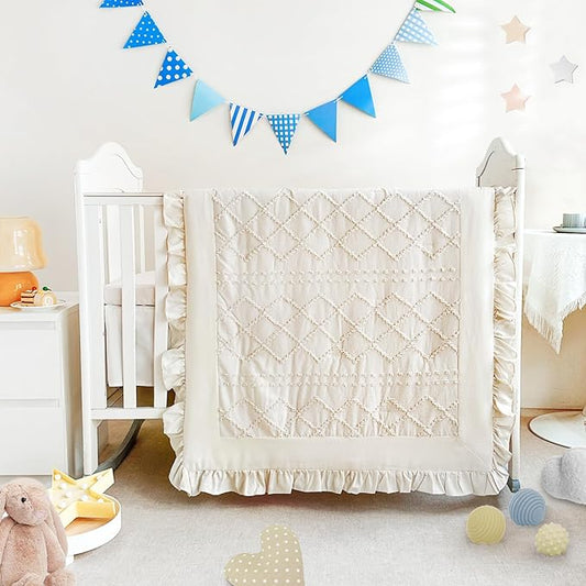 Wowelife Crib Bedding Set for Girls, 3 Pieces Baby Crib Bedding Set Newborn, Mini Tufted Jacquard Ruffle Fringe Boho, Infant & Nursery with Comforter, Crib Fitted Sheet and Crib Skirt, Beige