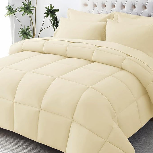 JOLLYVOGUE California King Comforter Set, Ultra-Soft Bed in a Bag Cal King Size 7 Pieces, Oeko-TEX Certified Bedding Set with Down Alternative Comforter, Sheets, Pillowcases & Shams, Light Yellow