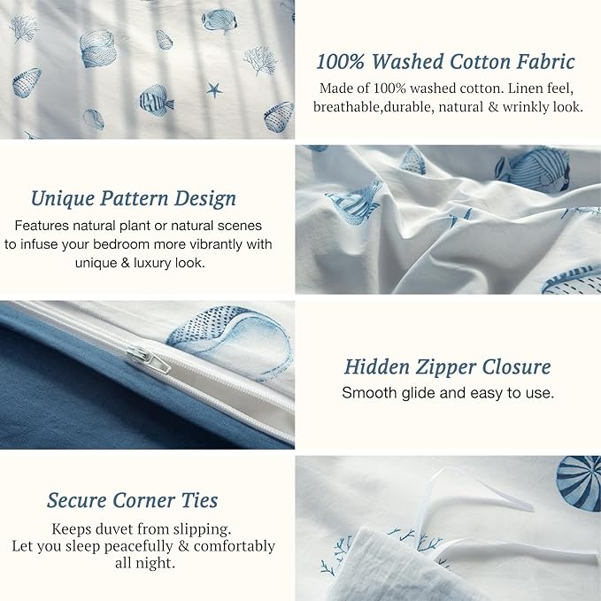 MILDLY 100% Washed Cotton Duvet Cover - Blue Seashell Pattern Comforter Cover Set Nautical Coastal Bedding Set with Zipper Closure 4 Ties King Size