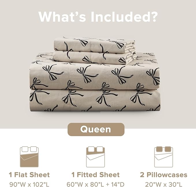 Comfort Spaces 100% Cotton Sheets Queen, Breathable, Naturally Cool Cotton Sheets, Cotton Bed Sheets with 14" Elastic Pocket Fits up to 16" Mattress, All Seasons Sheet Set, Bow Black/Taupe 4 Piece