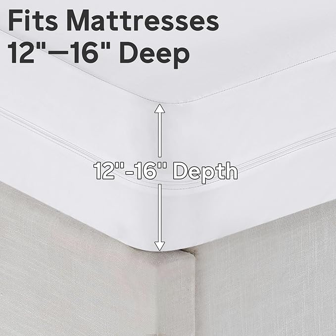 Full Size Waterproof Mattress Protector (12’’-16” Depth) – Zippered Mattress Encasement Bed Cover, Premium Six-Sided Mattress Cover for Bed,Noiseless Breathable Machine Washable, White