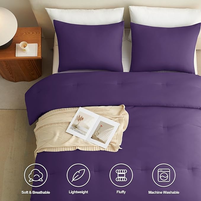 CozyLux Full Size Comforter Set Purple, 3 Pieces Solid Breathable Quilted Style Bedding Sets, Luxury Soft Bed Set with Down Alternative Comforter for All Season (1 Comforter & 2 Pillowcases)