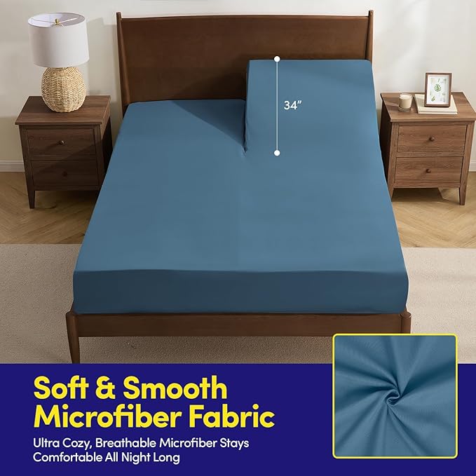 Split Head King Sheets Set for Adjustable Beds 4 Piece Flex Top Bed Sheets – Deep Pocket Split Top Fitted Sheet with Built-in Corner Straps, Luxury Soft Cooling Bedding, Wrinkle Resistant, Denim