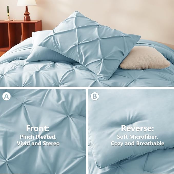 Queen Comforter Set Light Blue, 7 Pieces Pintuck Bed in A Bag Queen Size Bedding, Soft Bed Set All Season Pinch Pleat Comforter Set with Sheets, Pillowcases & Shams