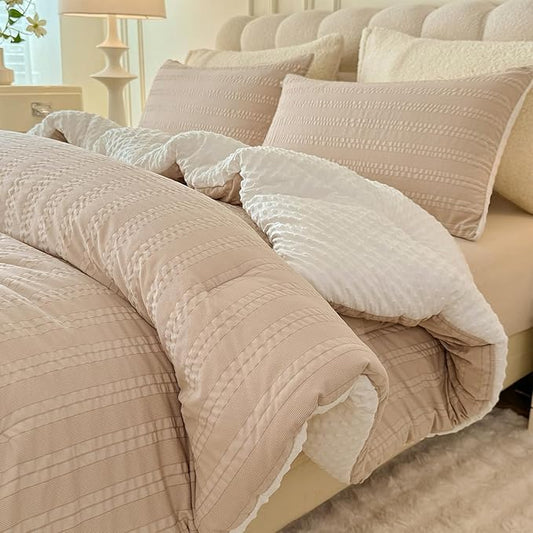 Boho Comforter Set Queen Size Striped Pleats Bohemian Seersucker Bedding Set All Season Soft Cozy 3 Pieces Quilt with 2 Pillowcases(90"X90" Beige)