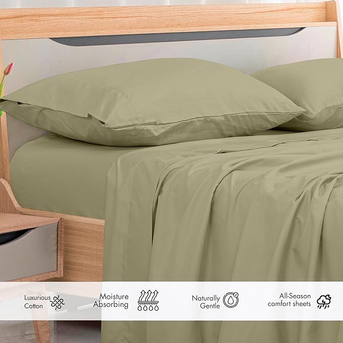 Royale Linens 300 Thread Count 100% Long Staple Combed Cotton Flat Sheet - Super Soft - Top Sheets - Full Flat Sheet Sold Separately - Breathable, Cool & Crisp Percale Sheets Only (Twin XL,Sage Green)