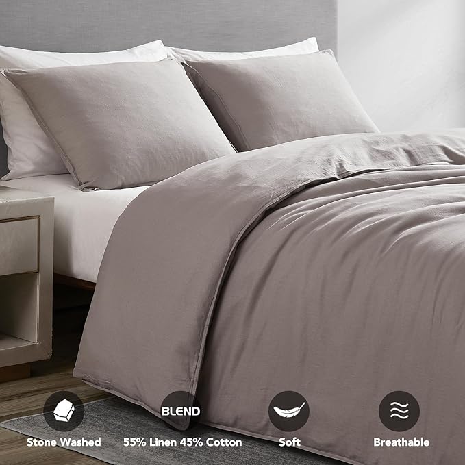 DAPU Linen Duvet Cover Set - French Linen Cotton Blend Natural Flax Soft Breathable Bedding 3 Pcs Set - 1 Duvet Cover 2 Pillowcases (Gray, Queen/Full)
