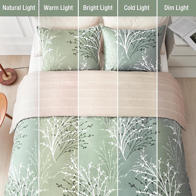 Lekesky Green Duvet Cover King Size, Reversible Floral King Comforter Cover with Branch Pattern, Soft 100% Washed Microfiber 3 Pieces Green Bedding Set with Zipper and 2 Pillowcases 20"x36"