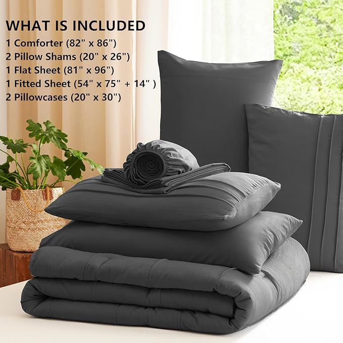 CozyLux Full Size Comforter Sets Dark Grey, 7 Pieces Soft Pinch Pleat Bed in a Bag Full Comforter Set with Sheets, Boho Bed Set with Down Alternative Comforter, Sheets, Pillowcases & Shams