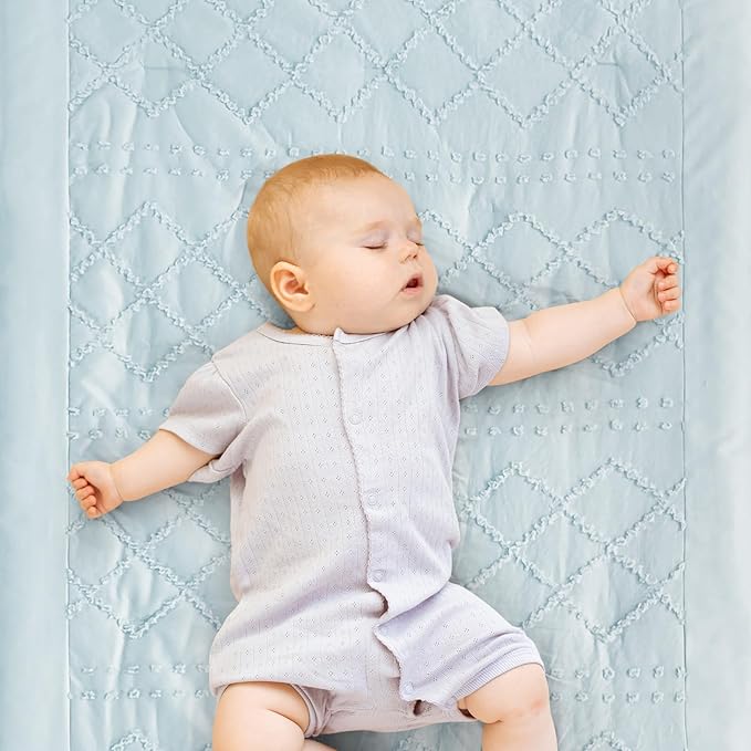 Wowelife Baby Crib Bedding Set for Girls, 3 Piece Boho Crib Comforter Set Ruffle, Baby Boy Crib Bedding Set Nursery Blanket Set Neutral Include Quilted Comforter, Crib Skirt and Sheet, Blue