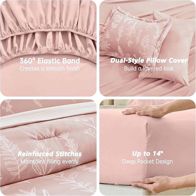MUXHOMO Cameo Pink Cal King Comforter Set, Elegant Floral Print Bed in a Bag 7 Pieces, Ultra Soft & Breathable Reversible Botanical Pattern Bedding Set with Comforter, Sheets, Pillowcases, and Shams